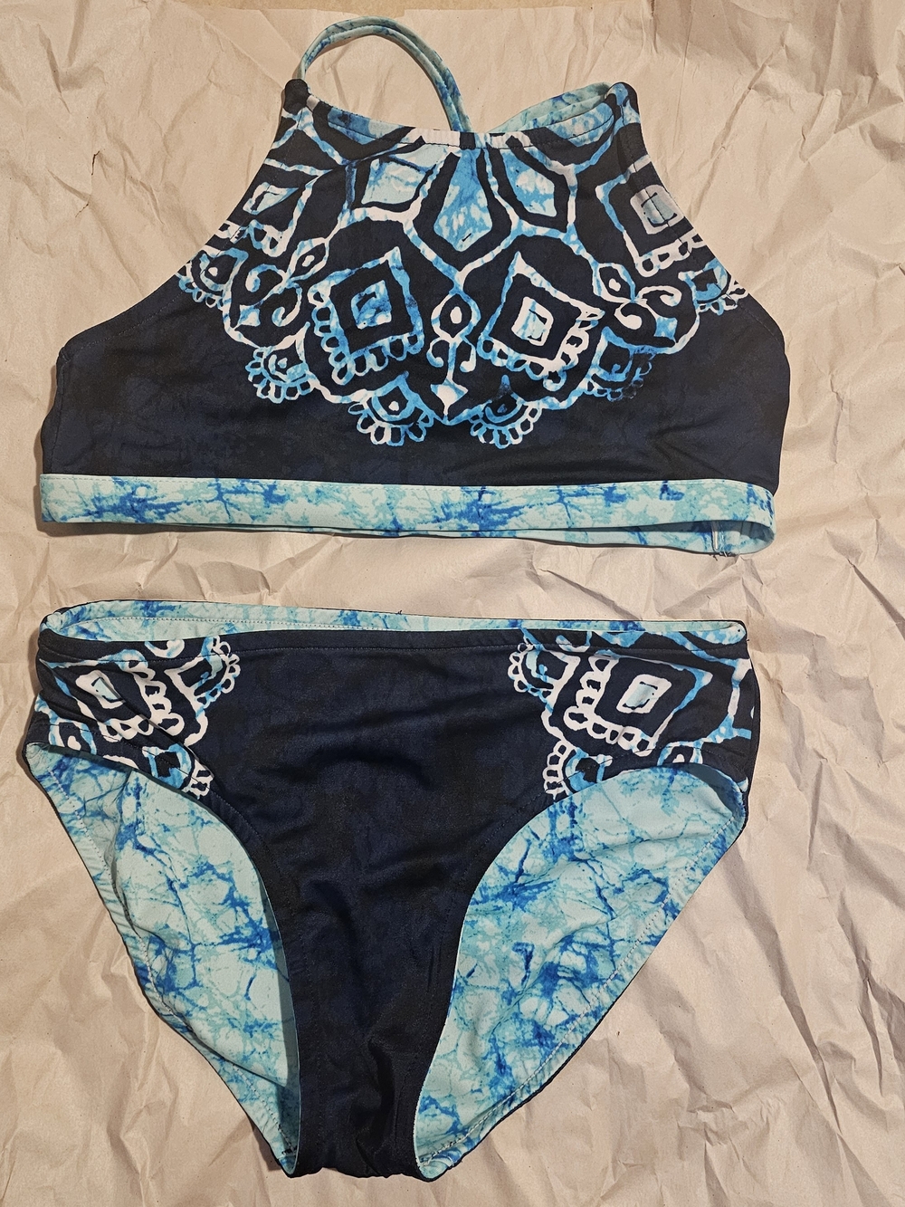 Justice Navy & Aqua Patterned Revervable Two-Piece Bikini Set In Girl's 12